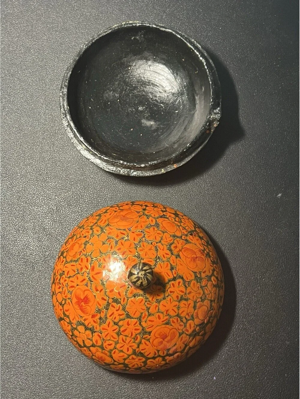 India Vintage 1970s Kashmiri Gulkari Floral Papier-Mache Lidded Box, 4x4”
